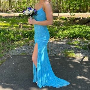 primavera light blue beaded prom dress